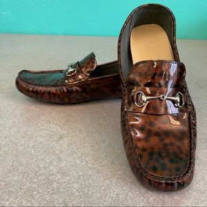Cole Haan Shelby driving moccasins loafers patent cheetah